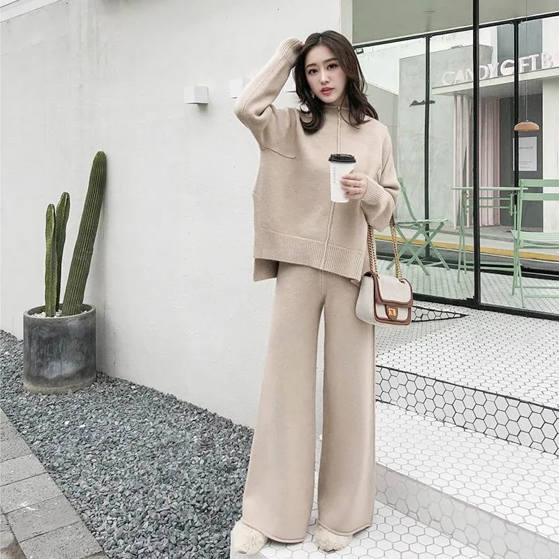 

Autumn Winter 2 Piece Set Women Knitted Suit Loose Half Turtleneck Sweater Pullover+Wide Legs Pants Suit Tracksuit Trousers Suit