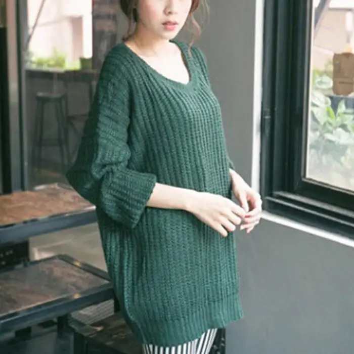 Модный Женский Повседневный вязаный свитер с круглым вырезом и длинным рукавом, однотонный пуловер, вязаный