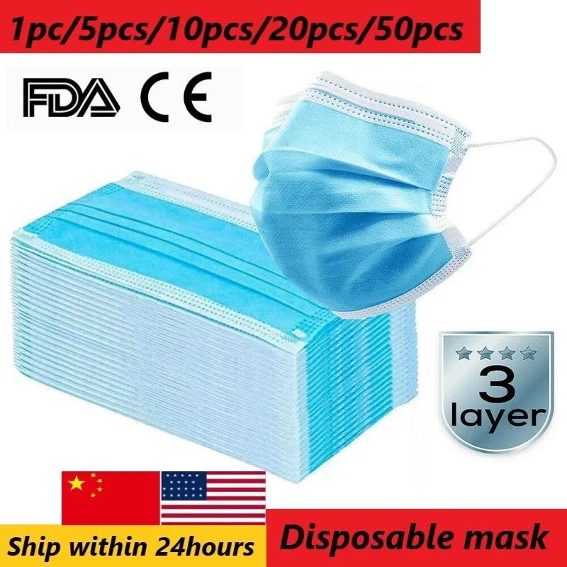 

50pcs Non Woven Disposable Face Respirator Mask 3 Layer Earloop Anti-Dust Proof Safe Protective Mouth Mask