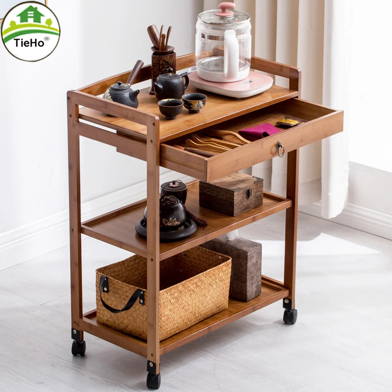 TieHo 3 Tier Bamboo Shelf Serving Table with Wheels Drawer Kitchen Storage Cart Bar Cart Chinese Wine Tea Island Trolley