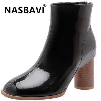 

2019 New fishion PU Leather square head Zipper Ankle Boots Rubber Shoes Women's Round heel High Heels Solid color short boots
