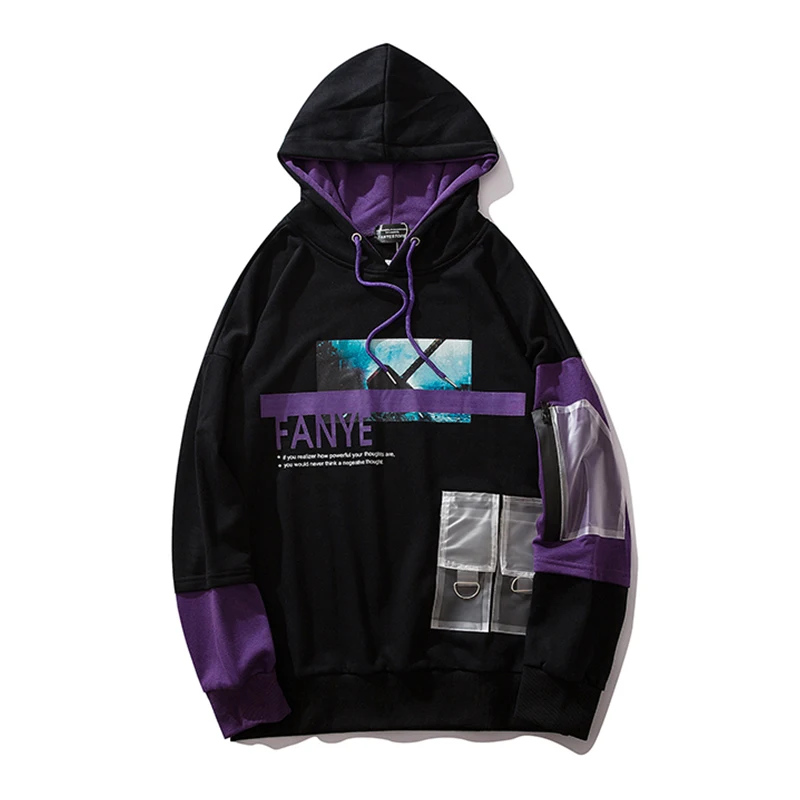 Black Letter Print pattern Hoodies Man/Women Couples Streetwear Hip Hop Hit Color Patchwork Casual Loose Hooded Top Autumn - Цвет: Black