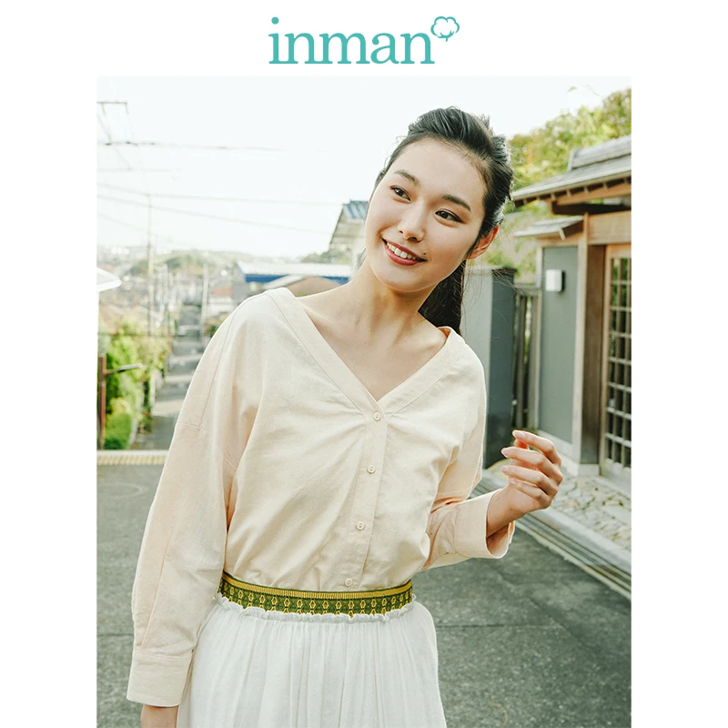 INMAN Clear Linen V-neck Literary Drop-shoulder Sleeve Women Blouse INMAN Clear Linen V-neck Literary Drop-shoulder Sleeve Women Blouse