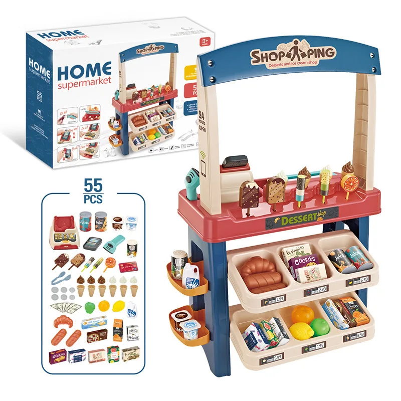 55pcs 66874/75 Pretend Play Supermarket Home Table Shopping Cart Dessert Simulation Indoor Toys Ice Cream Cosplay ABS Baby Kids