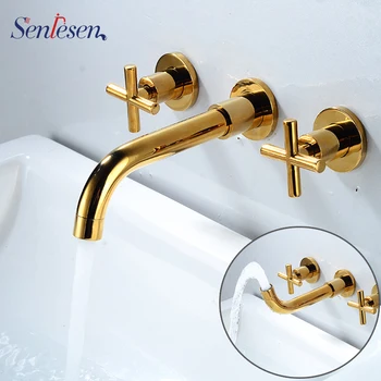

Senlesen Basin Faucets Brass Two Double Handles Wall Mounted Bathroom Sink Faucets Hot And Cold Water Tap