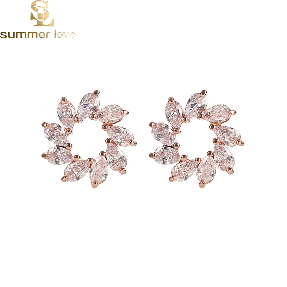 

Korean Fashion Cubic Zirconia Earrings Small Hoop Stud Earrings for Women Rose Gold Studs Flower 2019 fashion Cute Jewelry