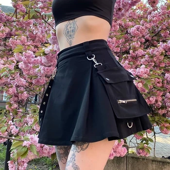 

Artsu Harajuku Punk Black Pleated Skirts Women Pockets Gothic High Waist Mini Skirt Ladies Casual Short Skirt Summer Cosplay