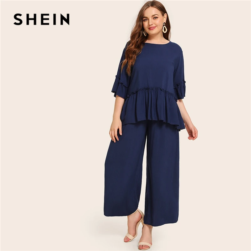 SHEIN/большие размеры, темно-синий однотонный топ с оборкой и широкими штанинами, комплект Женский комплект 2 шт., Осенние повседневные комплекты из двух предметов, abaya