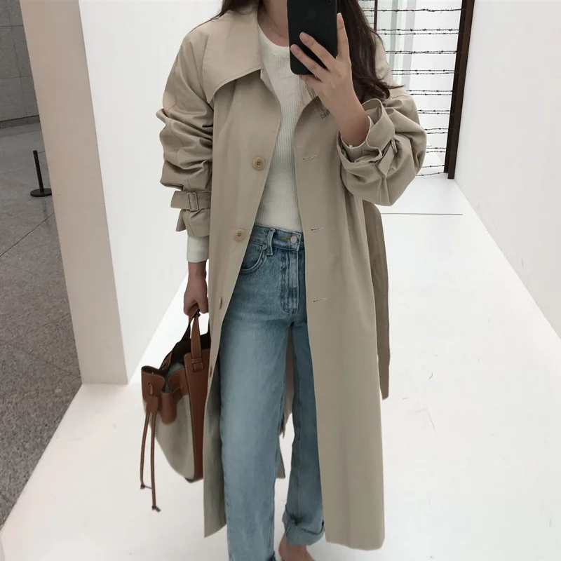 Бежевый Colorfaith New Autumn Winter Women Trench Sashes Lace Up Korean Style Elegant Casual Long Coat Outerwear JK181 - Цвет: Бежевый