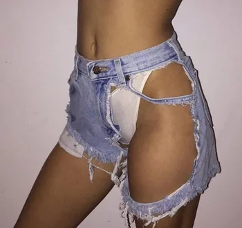 

Women Ripped Big Hole Denim Short Feminino Ladies Broken Night Club Super Sexy Shorts Jeans Panties Hollowed Hot Booty Bottoms