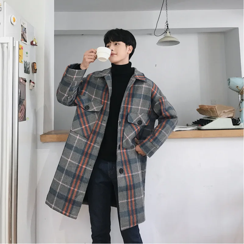 Мужская ветровка куртка осень и зима колледж плед длинное шерстяное пальто Молодежная индивидуальность тренд мужская одежда
