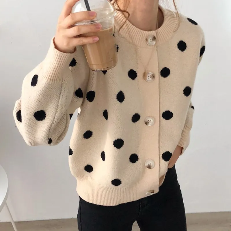

Fall Korean Style O-Neck Plus Size Sweaters Loose Polka Dot Knittd Cardigans Single-Breasted Lantern Sleeve Sweaters