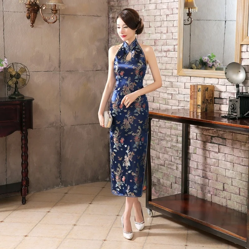Navy Blue Длинные Cheongsam Дракон сексуальный костюм Холтер платье женские платья китайский национальный Qipao Vestido - Цвет: Navy Blue