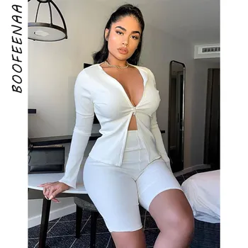 

BOOFEENAA Sexy Two Piece Matching Sets Sports Outfit Women Rib Knit Zipper Long Sleeve Crop Top Biker Shorts Spring 2020 C97AC85