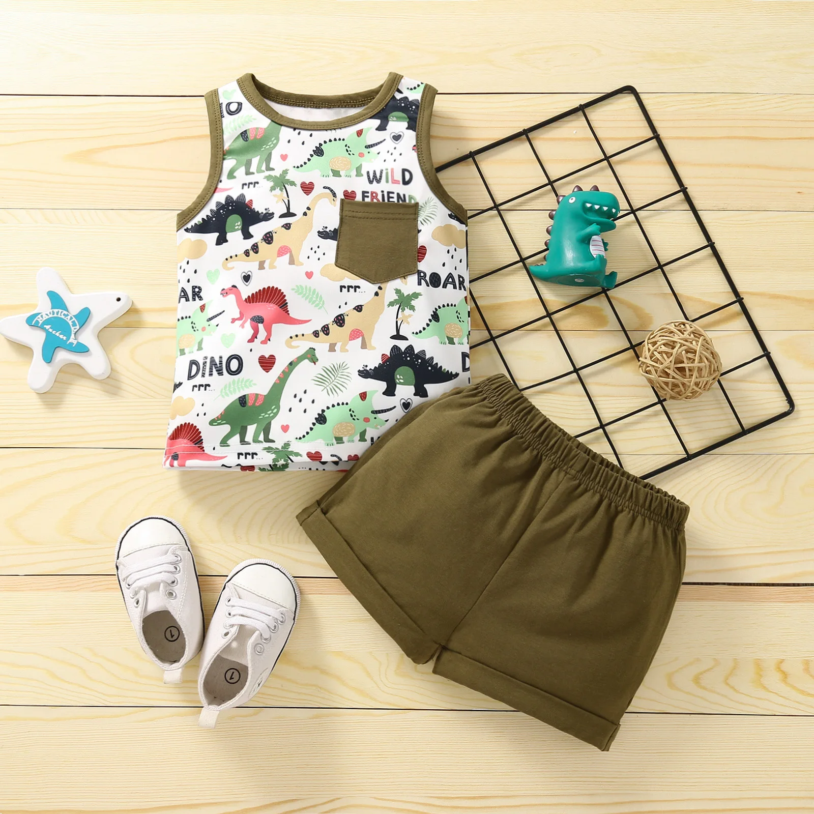 

2Pcs Baby Summer Tracksuits, Cartoon Dinosaur Print Sleeveless Vest + Elastic Waist Shorts Baby Boys Girls Clothes 6M-3Y