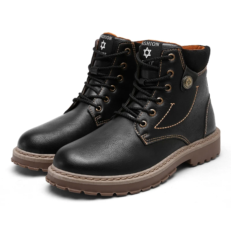 Сапоги Для мужчин Осень Высокое качество на каждый день; ботильоны в байкерском стиле; зимняя кожаная обувь на шнуровке; обувь с круглым носком модная обувь для работы; Botas de hombre - Цвет: Black
