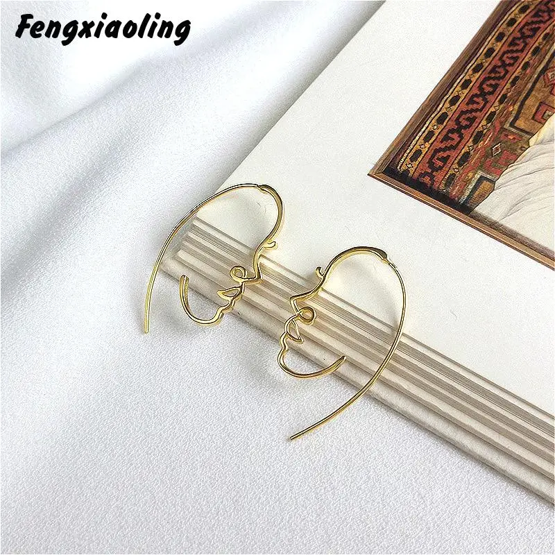 

Fengxiaoling American Style Portrait Design Drop Earrings For Women Gold 100% True 925 Sterling Silver Human Face Earrings