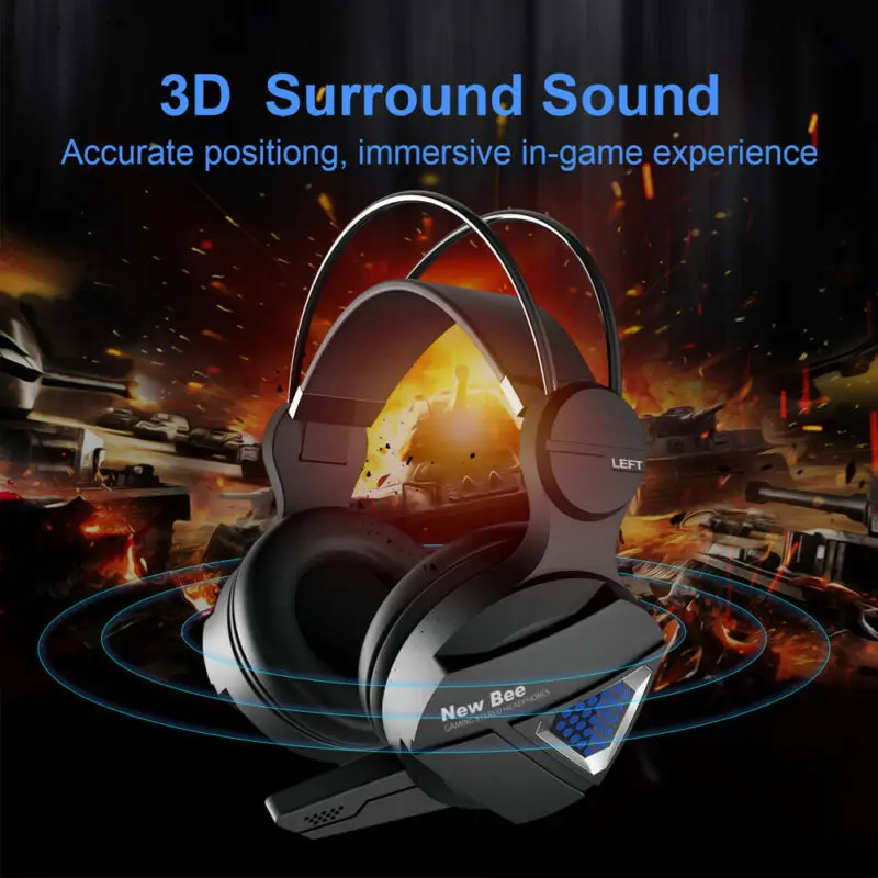 3 5mm Gaming Headset Mic LED Headphones Over Head Headphone Extra Bass Black