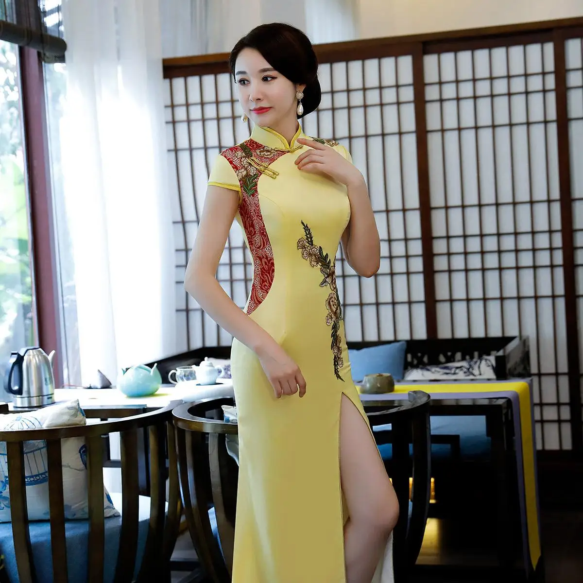 Yellow Party Evening Long Cheongsam Retro Sexy Slim Dress Marriage Gown Chinese Style Wedding Qipao Fashion Lady Clothes Vestido