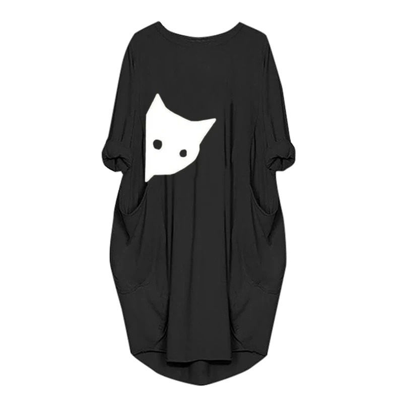 Женское повседневное свободное платье с карманом Kawaii Cat печати Женская футболка платье Женская мода О образным вырезом Длинные Топы уличная одежда большого размера