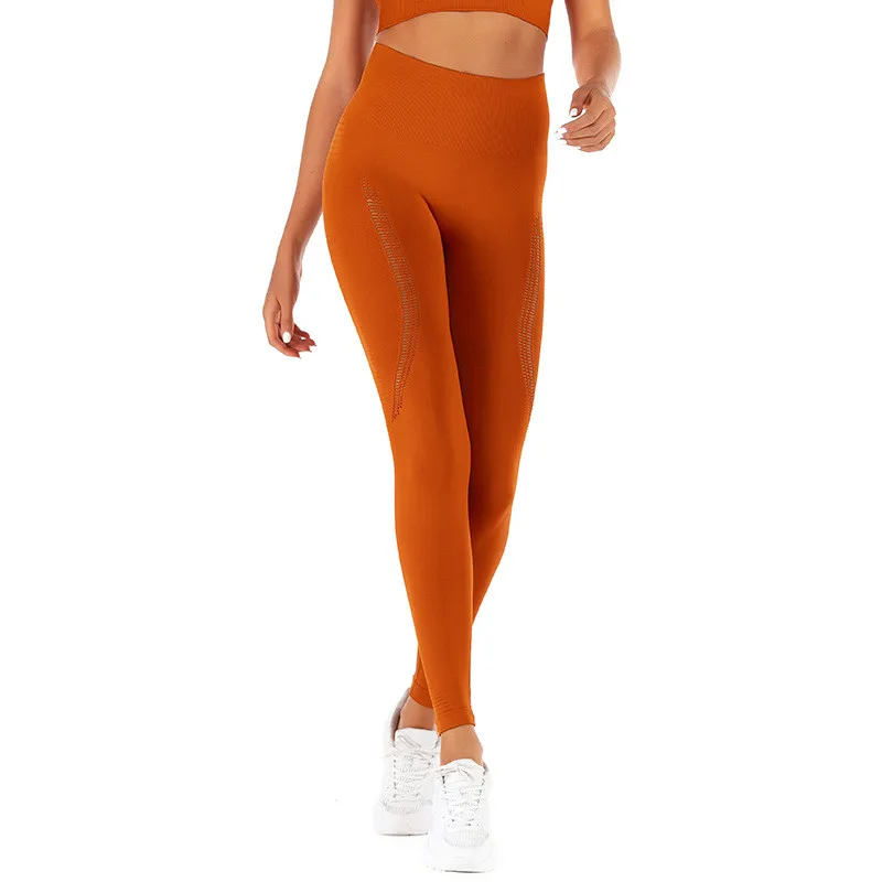 Цветные Бесшовные с боковым вырезом для фитнеса, йоги, костюмы для женщин, спортивные комплекты для тренировок, резинки для волос, леггинсы, жилет-тип, мягкие укороченные топы - Цвет: Orange Brown Pants
