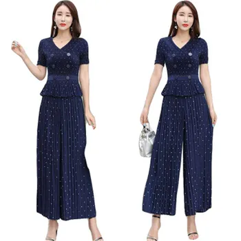 

Miyake fold wide-leg pants suit female 2020 summer new fashion slim slimming wave dot printing casual two-piece suit