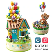 

New Flying Balloon Bear House Rotate Music Box Building Blocks Friends Carousel Castle Bricks Toys Kid Gift Christmas