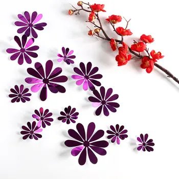

12 pcs/set New 3D mirror flower wall stickers Gold silver purple Party Wedding decor for Home Decorations sticker on the wall