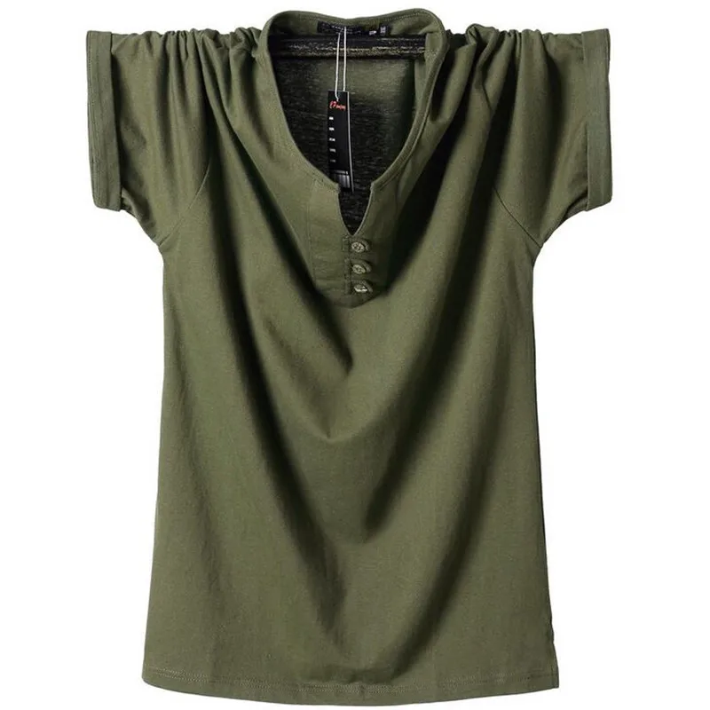 Топы из чистого хлопка, Мужская футболка, летняя, размера плюс, 3XL, 4XL, 5XL, 6XL, 7XL, 8XL, v-образный ворот, модная, одноцветная, футболка, мужская одежда - Цвет: Green