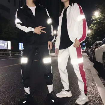 

Unisex Couple Spring Autumn Sets Top Coat & Bottom Pants Combination Fitness Workout Light Reflective Hip Hop Casual Outfits