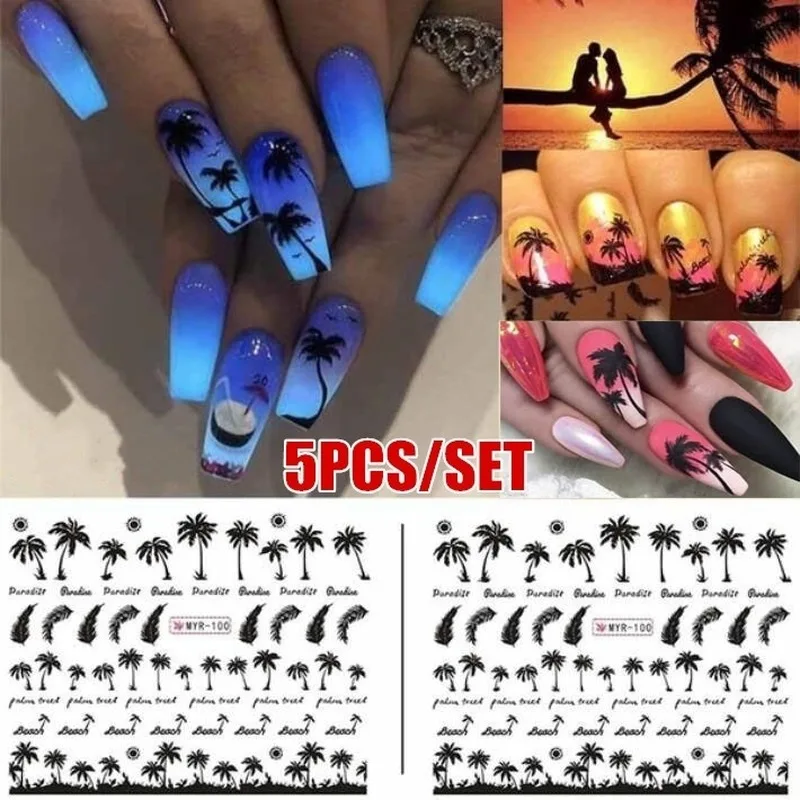 

5Pcs/Set Nail Stickers Coconut Tree Transfer Paper DIY Nail Decor New Hot Summer Palm Tree 3D Manicure Nail Art Decoration