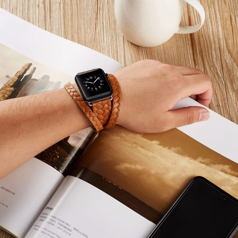 Плетеный ремешок из натуральной кожи для apple watch 4, 5, ремешок 42 мм/38 мм, iWatch Series 5, 4, 3, браслет, двойной ремешок+ металлическая пряжка
