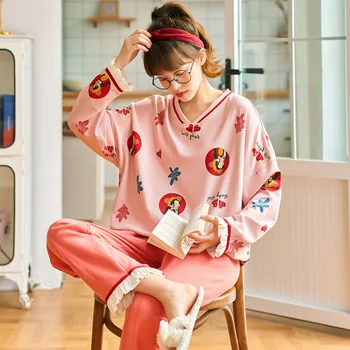 

Autumn Knitted 100% Cotton Plaid Pajamas Set Women Pyjamas Sleepwear Nightwear Pijamas Mujer Big Size M-XXL Long Pants Homewear