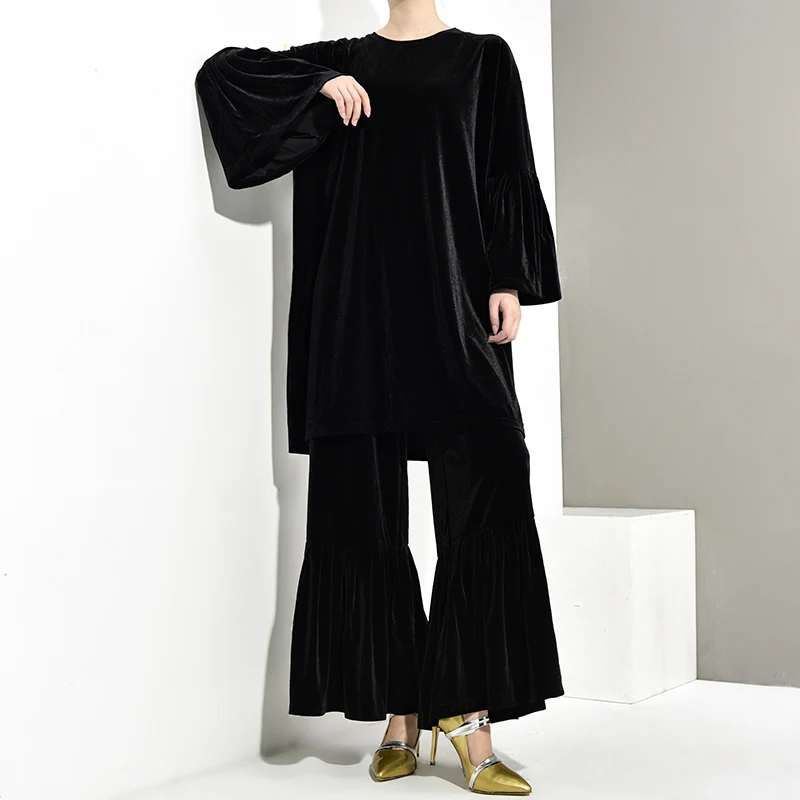 [EAM] New Spring Autumn Round Neck Long Sleeve Black Velevt Loose Wide Leg Pants Two Piece Suit Women Fashion Tide JY9040