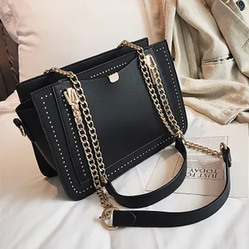 

Luxury Rivet Handbag Women Bag Designer Brand Metal Chain Tote Bags Casual PU Leather Crossbody Bag