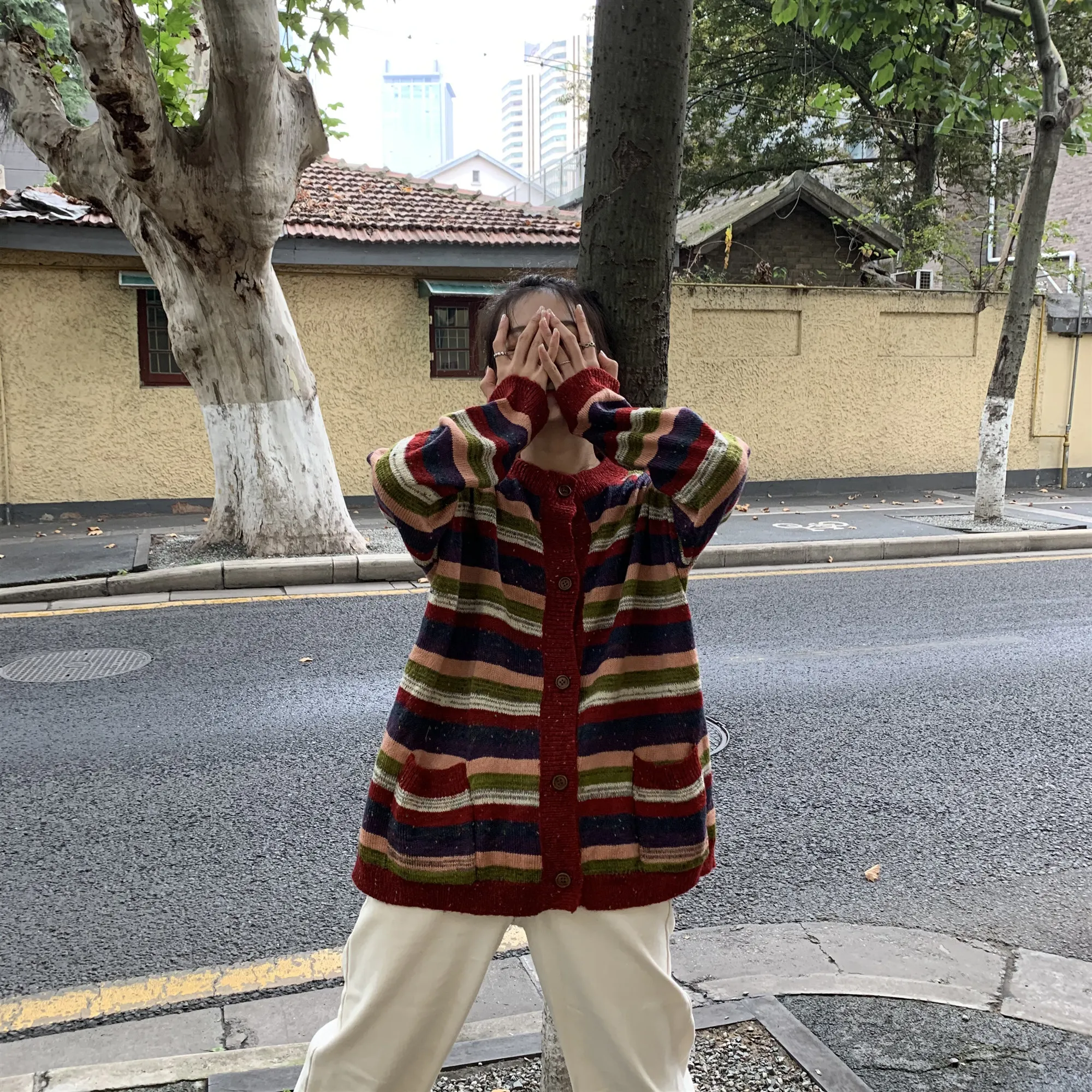 Fashion Za Sweater Women Vintage Stripe O-Neck Chic Single Breasted Cardigan Long Sleeve Loose Knit Sweaters Female Ladies