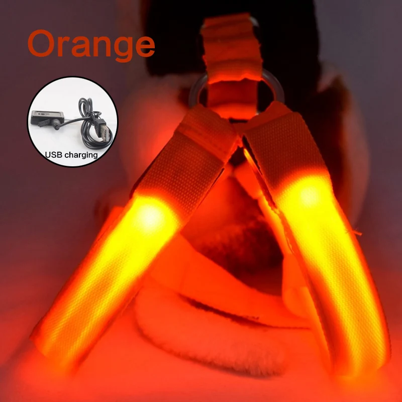 Arnés luminoso para perros recargable por USB, antitirones, luz LED, seguridad nocturna, collar de nailon para mascotas, arnés con luz LED brillante para perros para correr