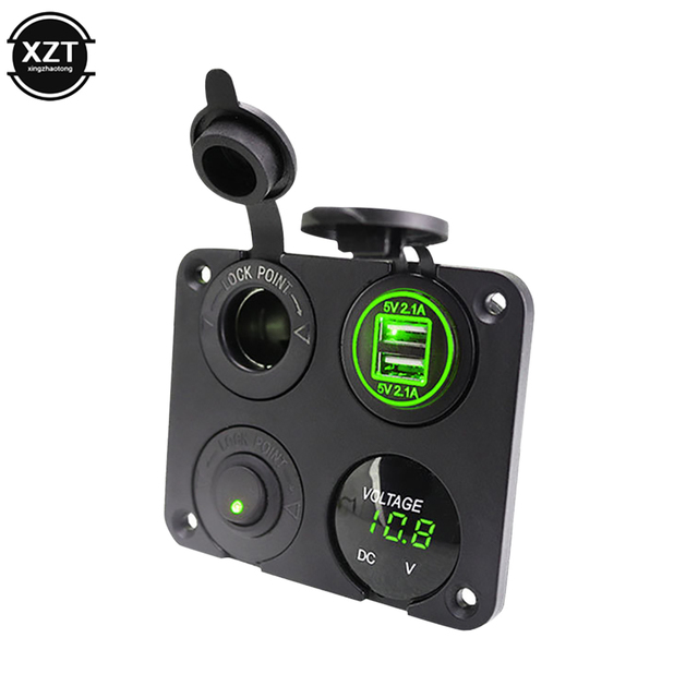 Toggle Rocker Switch Panel Digital Voltmeter Dual USB Port 12V Outlet Combination Waterproof for Car Marine 4 Holes Panel