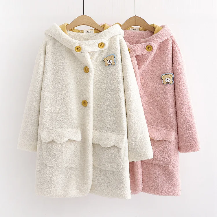 

Cute Mid-length Bear Hooded Berber Fleece Cotton-padded Clothes 2019 Winter New Style College Style GIRL'S plus Velvet Cotton Co