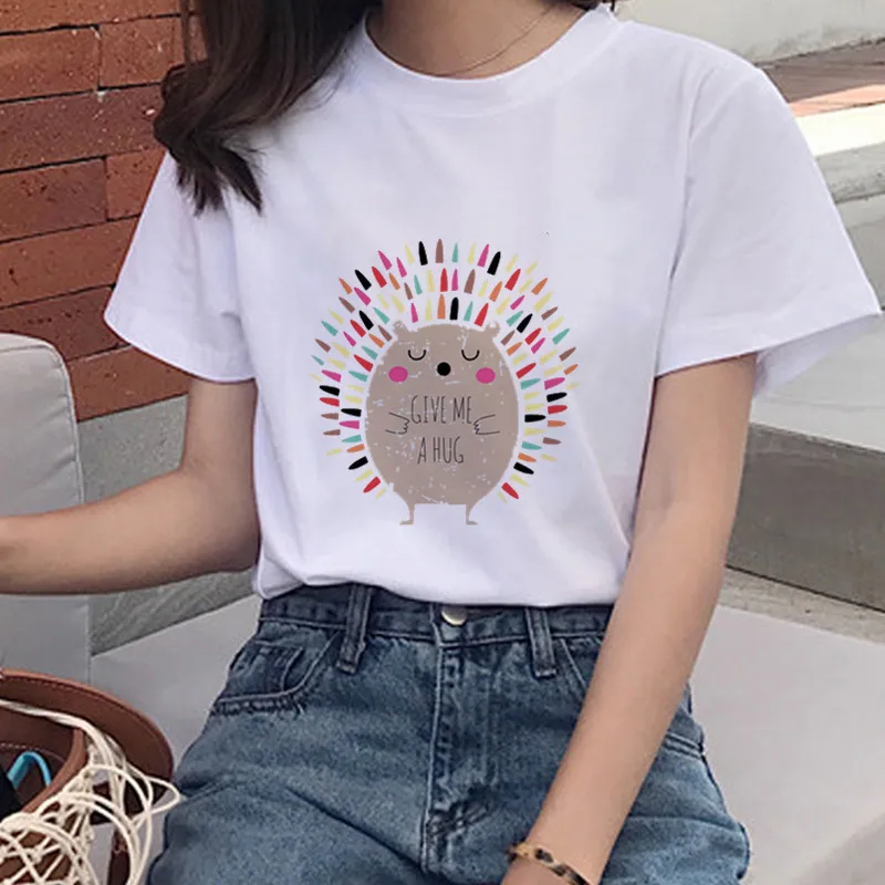 

New Women's T-shirt Hedgehog Print Harajuku T-shirt Funny Hedgehog Short-sleeved Round Neck Women's Shirt Slim Women's T-shirt