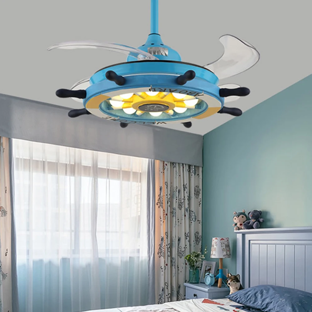 Creative led ceiling fan lamp with remote control light for children baby bedroom living room home decor lighting fixture - Цвет лезвия: Синий