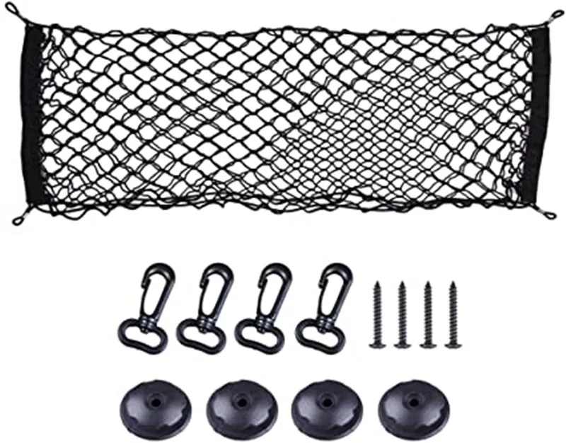 Auto-elastisches Nylon-Gepäcknetz hinten, Aufbewahrungsorganisator, Gepäcknetz, Hängematte, Kofferraum-Organizer, Fahrzeugaufbewahrung mit 4 verstellbaren Haken – Detail 1
