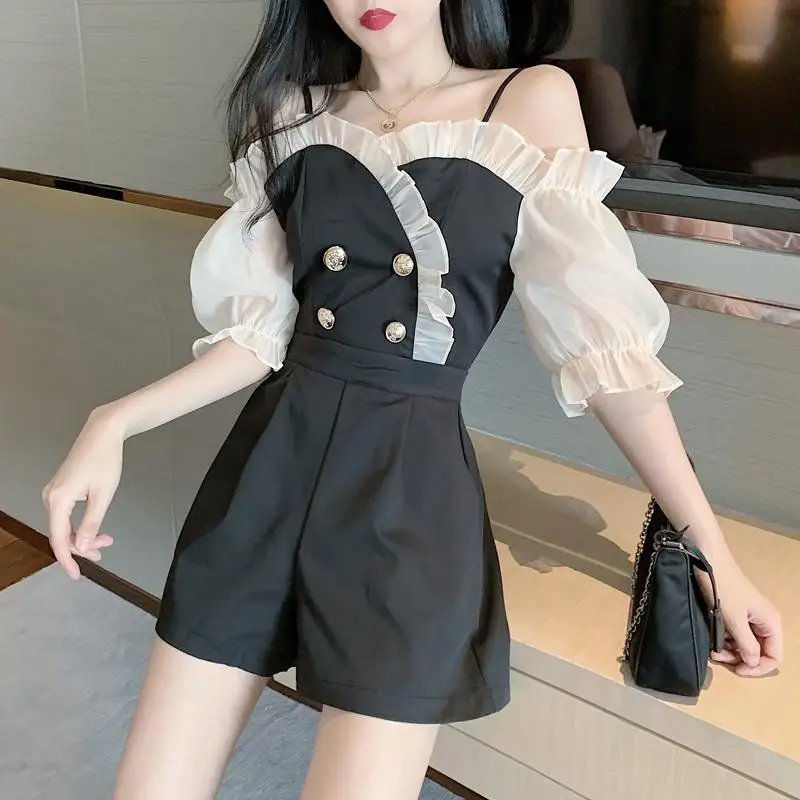 Korean Sexy Strapless Sling Women Playsuits Short Sleeve Hit Color Ruffle Patchwork Romper High Waist Slim Bodysuit G1829