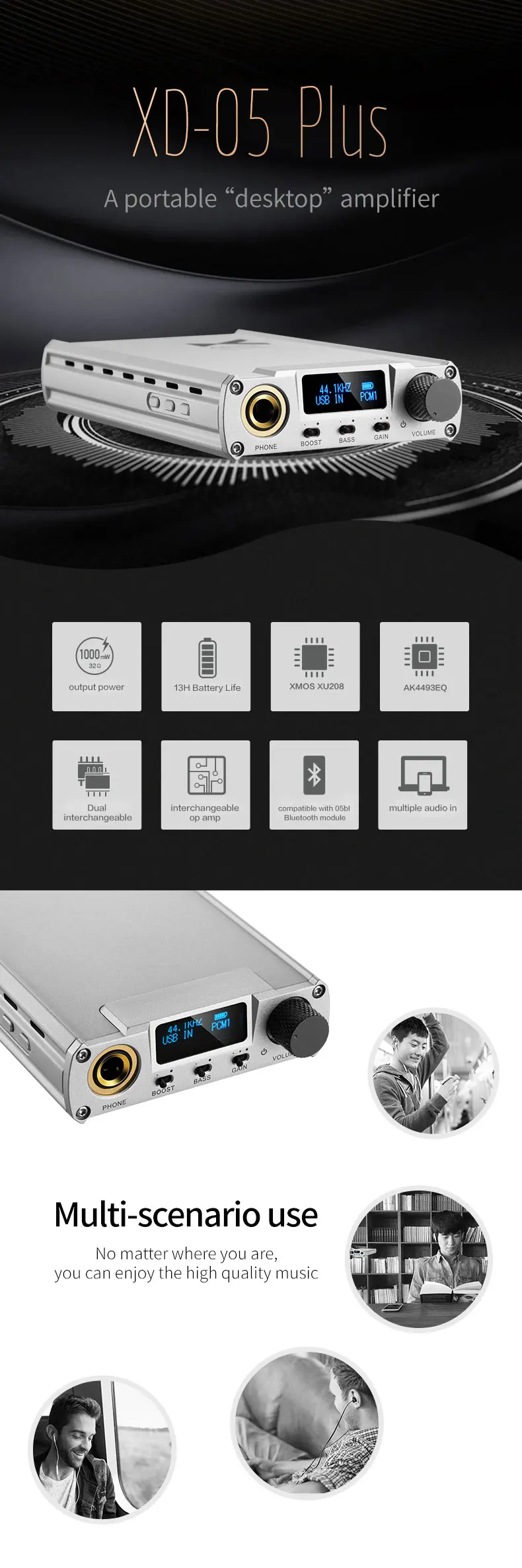 Xduoo XD05 плюс ЦАП усилитель для наушников USB AUX bluetooth 1000 мВт XMOS XU208 AK4493EQ HIFI перезаряжаемый усилитель без потерь