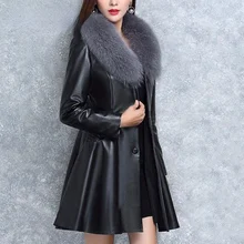 5XL Plus Size Red Black Pu Leather Jacket Women Winter High Quality Faux Fur Collar Removable Fashion Long Trench Coats