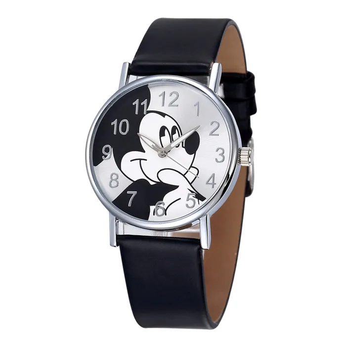 Черный Reloj Minnie Reloj часы с мультяшной мышкой Модные кварцевые детские часы с Микки Маусом для девочек повседневные кожаные часы для мальчиков - Цвет: Черный