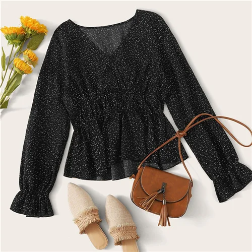 Dotfashion Повседневная шифоновая блузка с воланом и рукавом для женщин, весна, Boho Ruffle, свободные к низу блузки, женский черный топ с v-образным вырезом - Цвет: Черный