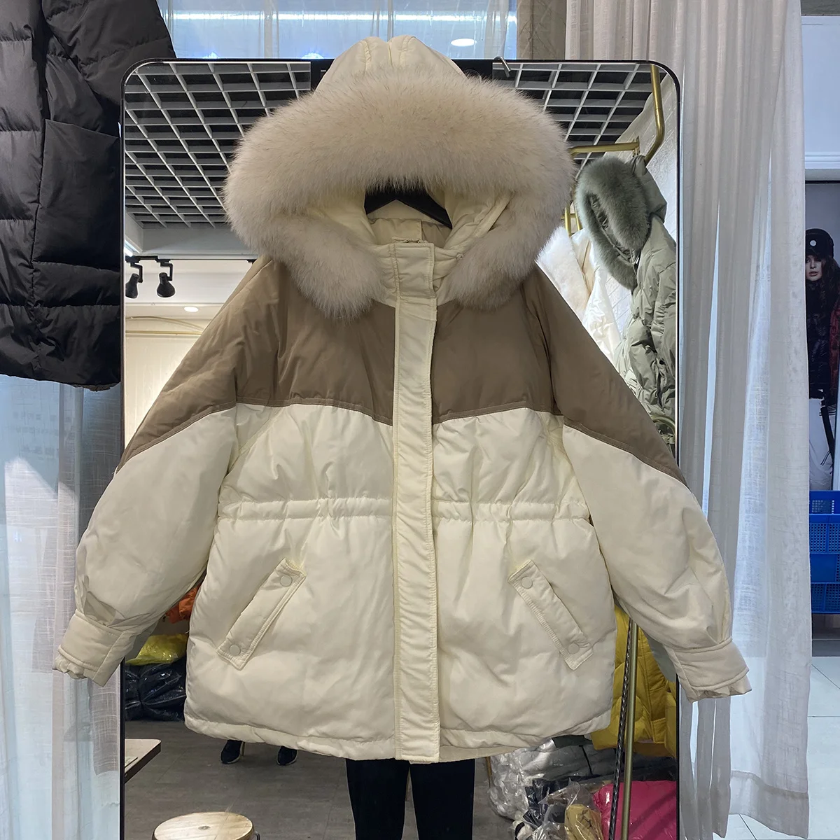 Off season thickened net red big down collar Korean jacket women's middle long color matching waist white | Женская одежда