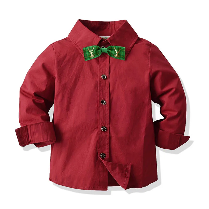 Baby Boys Shirts Children's Long Sleeve Formal Red Shirt Gentleman Tops With Bowtie Toddler Blouse