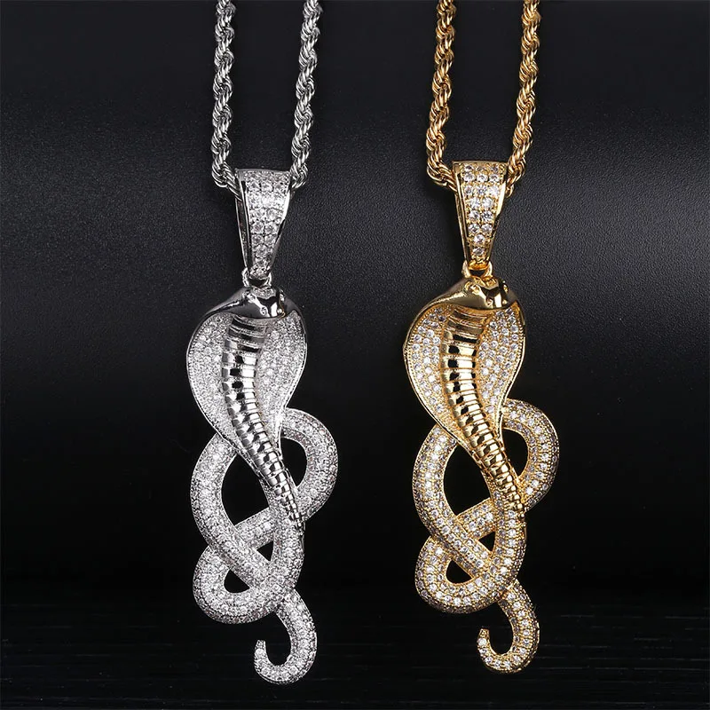 

AAA + фианит проложенный Iced Out Bling Cobra Snake Animal Подвески ожерелье для мужчин хип-хоп рэппер ювелирные изделия золотой серебряный цвет